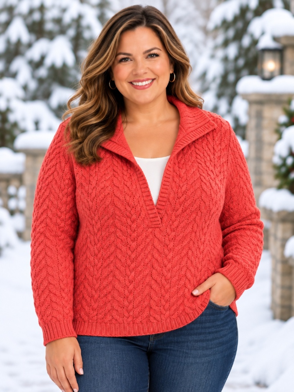 Talbots Woman 2X Coral Cable Knit V-Neck Sweater